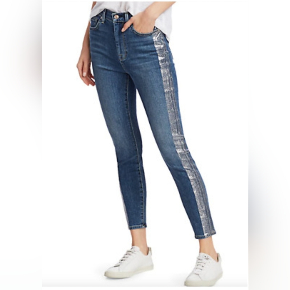 H&M Midrise Skinny Stretch With Silver Strip Denim Jeans Sz 32 EUC